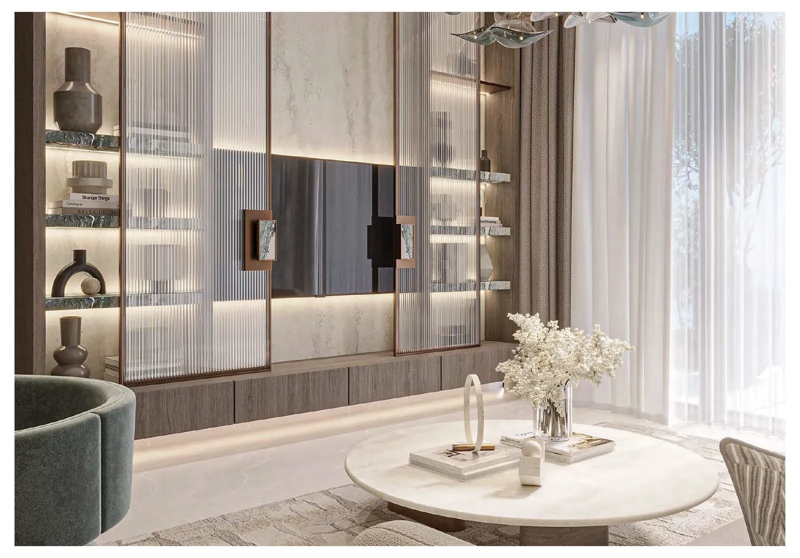 Living room media wall with fluted glass