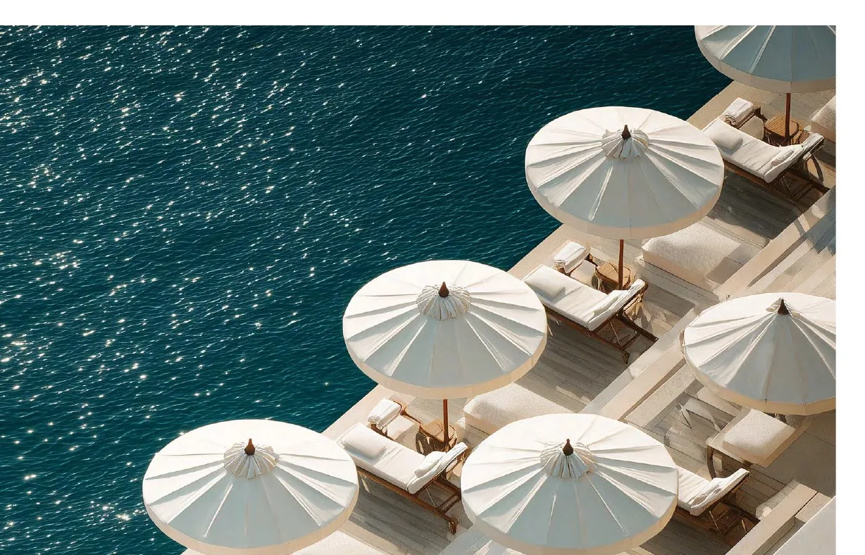 Waterfront pool terrace with parasols
